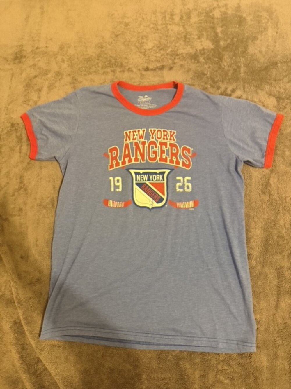 New York Rangers Ringer T-Shirt Majestic Threads Blue Orange Trim